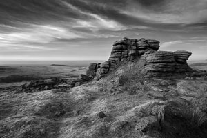 Black and white image of East Mill Tor, Dartmoor